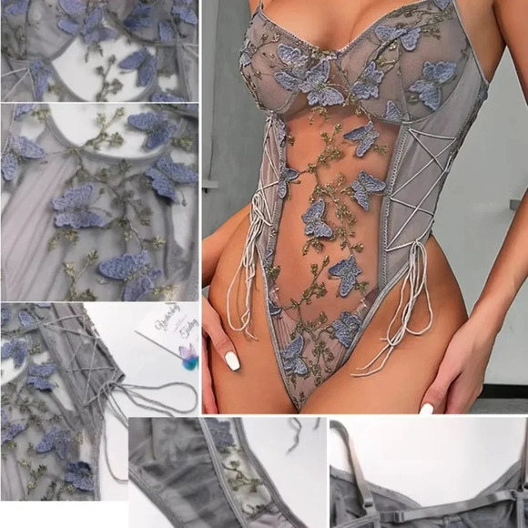 Floral Embroidered Mesh Lace-Up Teddy Bodysuit Size: Medium NWOT - Picture 6 of 8